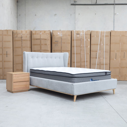 The Aspen Queen Upholstered Bed - Light Grey available to purchase from Warehouse Furniture Clearance at our next sale event.