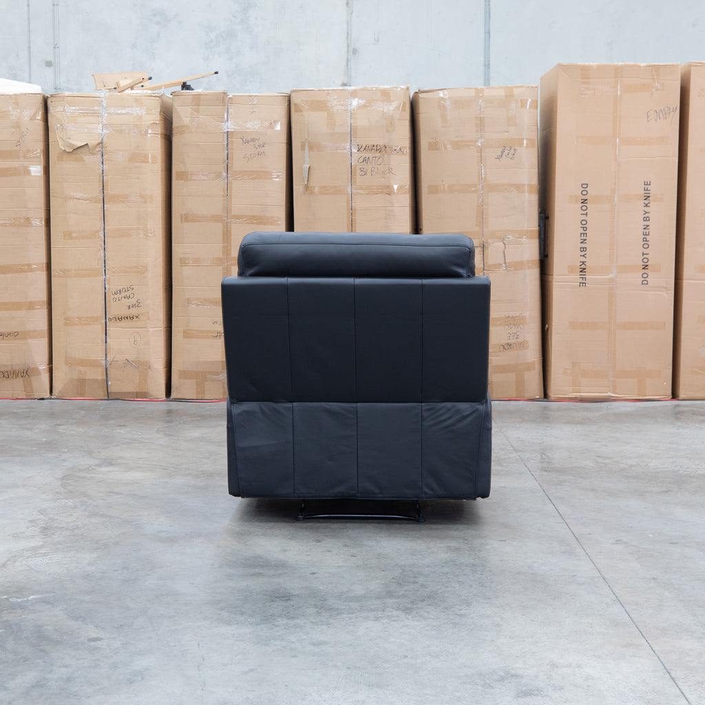 The Bayview Single Manual Leather Recliner - Black available to purchase from Warehouse Furniture Clearance at our next sale event.