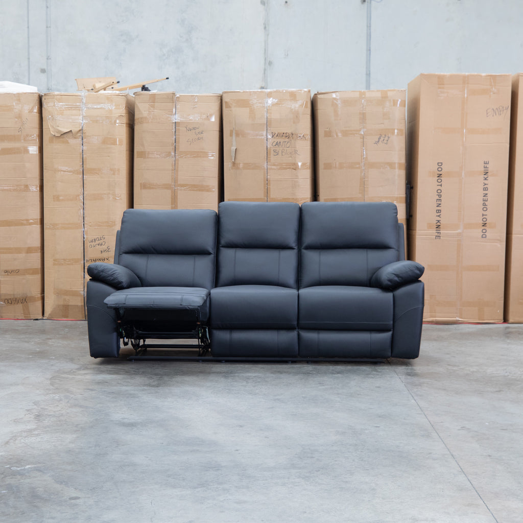 The Bayview Three Seat Electric Leather Recliner Lounge - Black available to purchase from Warehouse Furniture Clearance at our next sale event.