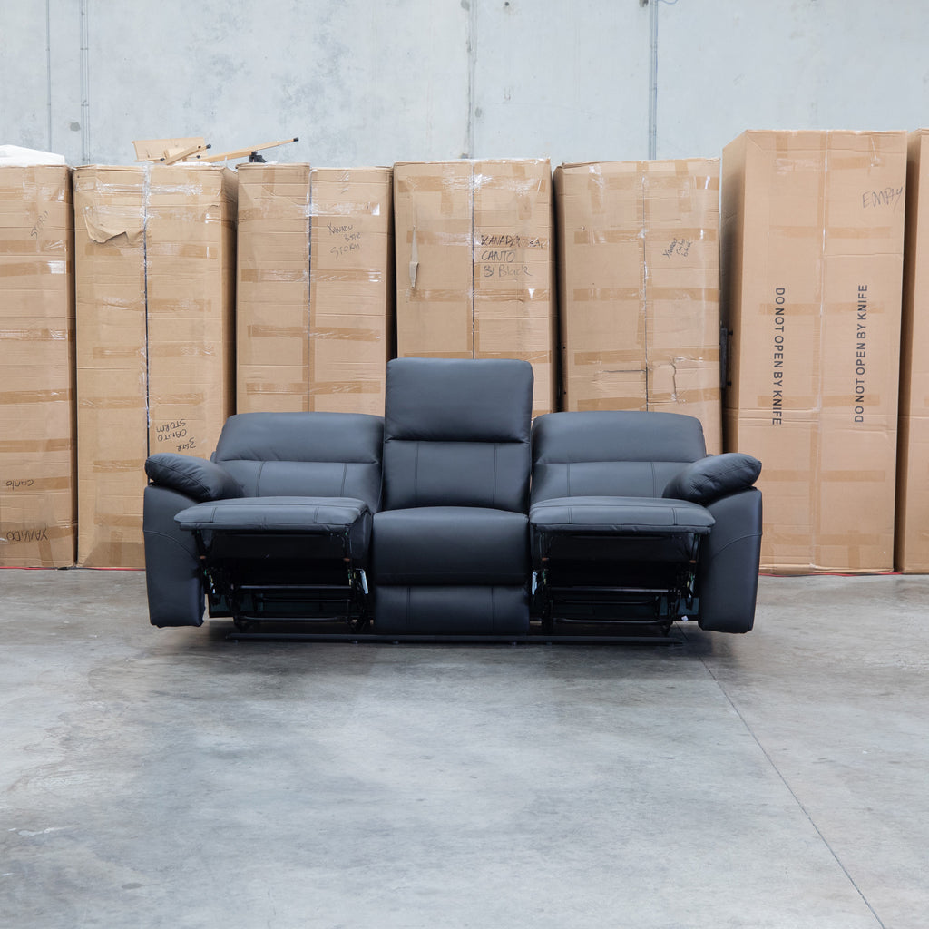 The Bayview Three Seat Electric Leather Recliner Lounge - Black available to purchase from Warehouse Furniture Clearance at our next sale event.
