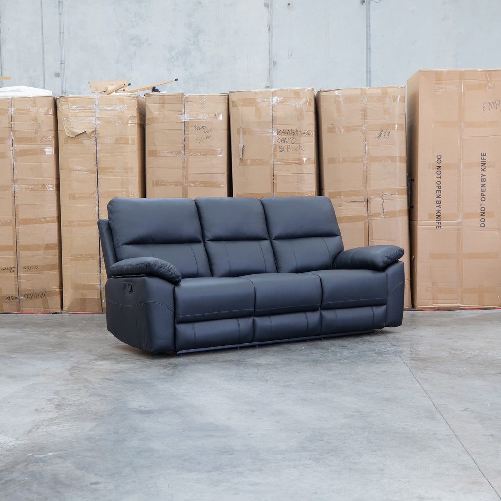 The Bayview Three Seat Manual Leather Recliner Lounge - Black available to purchase from Warehouse Furniture Clearance at our next sale event.