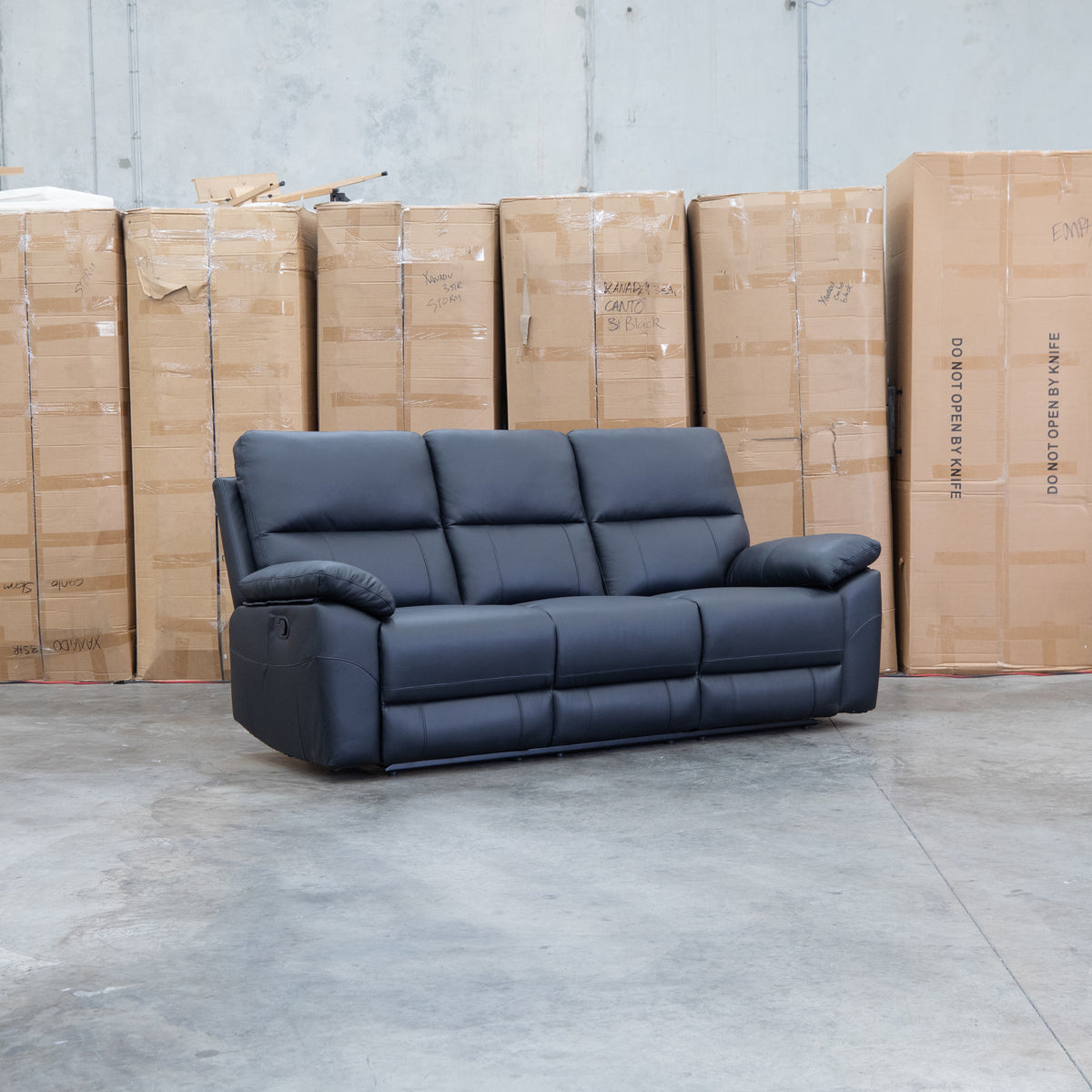 The Bayview Three Seat Manual Leather Recliner Lounge - Black available to purchase from Warehouse Furniture Clearance at our next sale event.