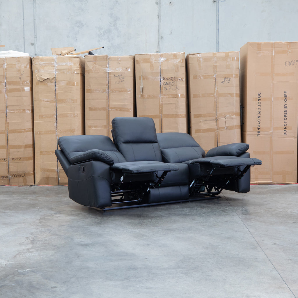 The Bayview Three Seat Electric Leather Recliner Lounge - Black available to purchase from Warehouse Furniture Clearance at our next sale event.