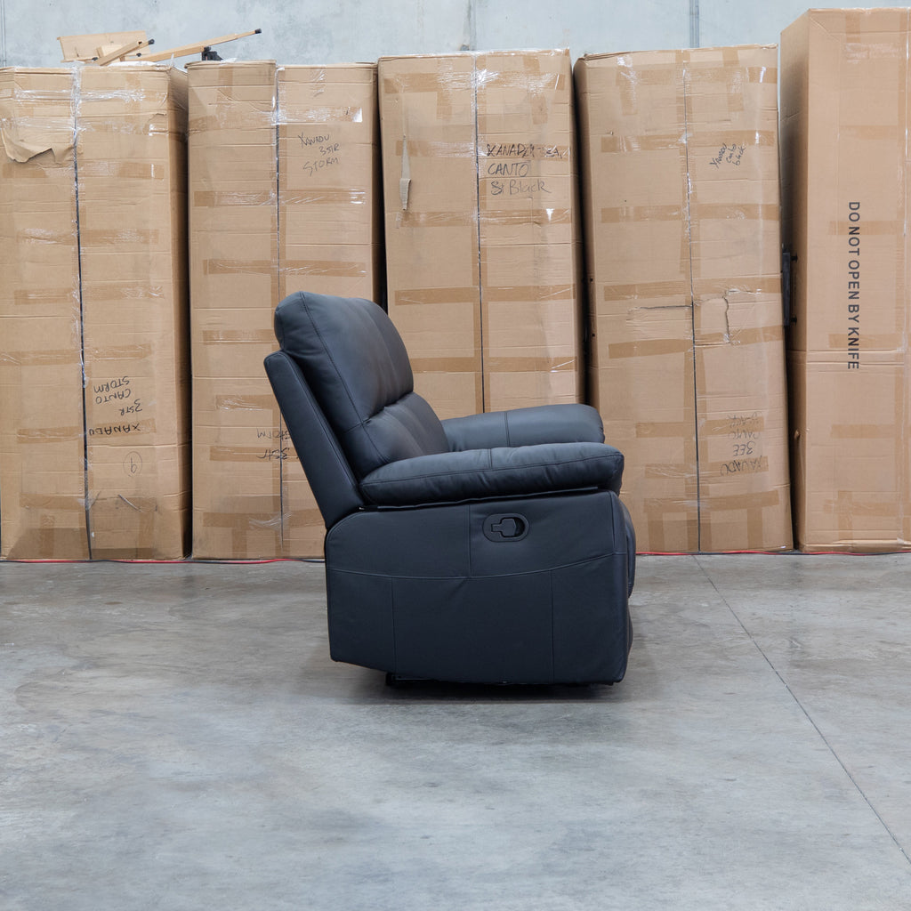 The Bayview Three Seat Electric Leather Recliner Lounge - Black available to purchase from Warehouse Furniture Clearance at our next sale event.