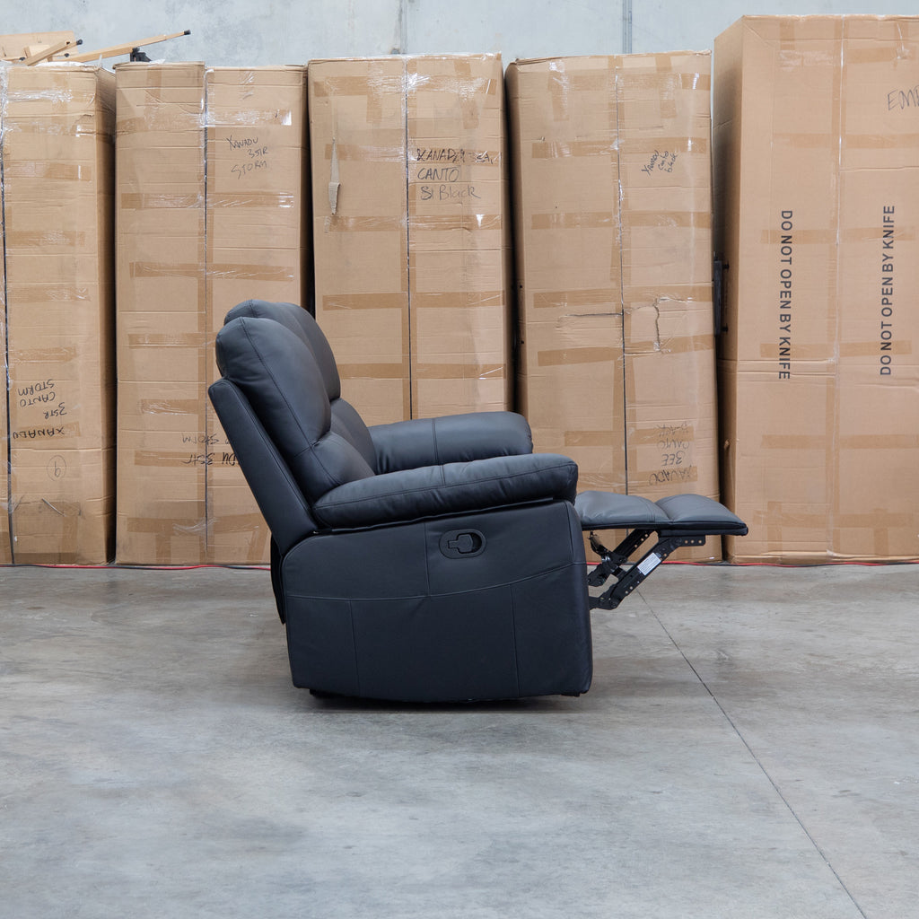The Bayview Three Seat Manual Leather Recliner Lounge - Black available to purchase from Warehouse Furniture Clearance at our next sale event.