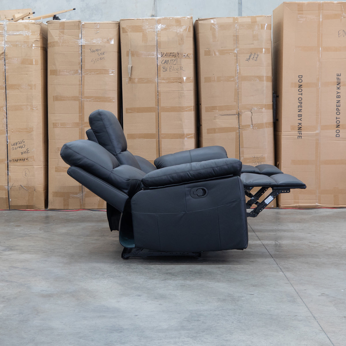 The Bayview Three Seat Manual Leather Recliner Lounge - Black available to purchase from Warehouse Furniture Clearance at our next sale event.