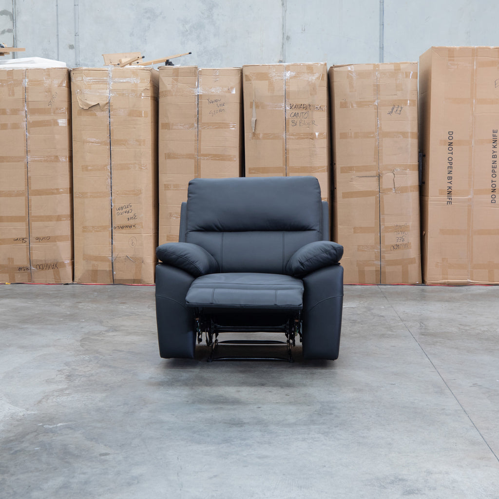 The Bayview Single Electric Leather Recliner - Black available to purchase from Warehouse Furniture Clearance at our next sale event.