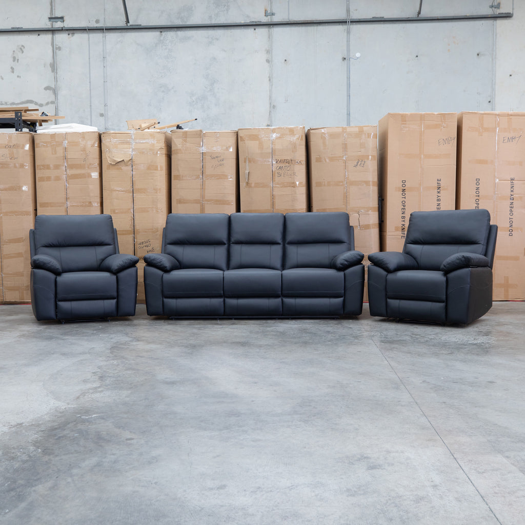 The Bayview Three Seat Electric Leather Recliner Lounge - Black available to purchase from Warehouse Furniture Clearance at our next sale event.