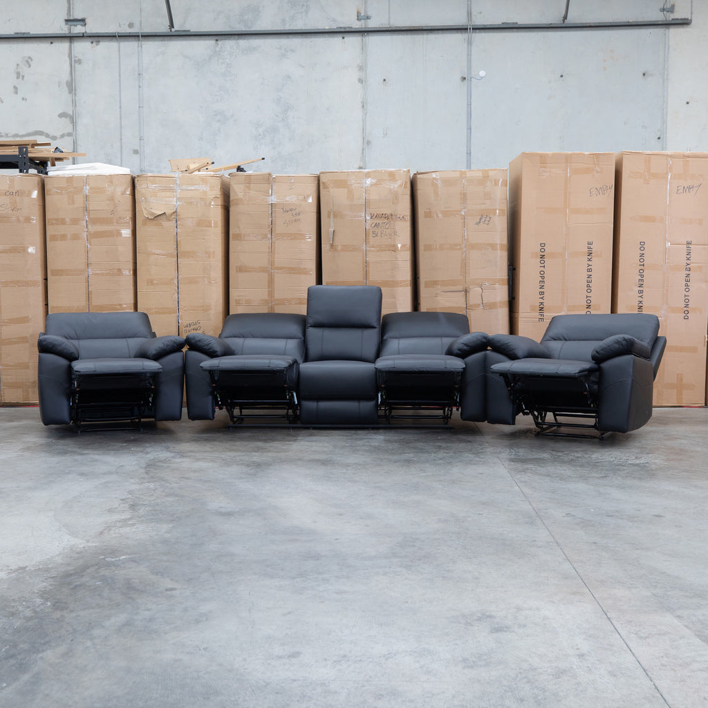 The Bayview Three Seat Electric Leather Recliner Lounge - Black available to purchase from Warehouse Furniture Clearance at our next sale event.