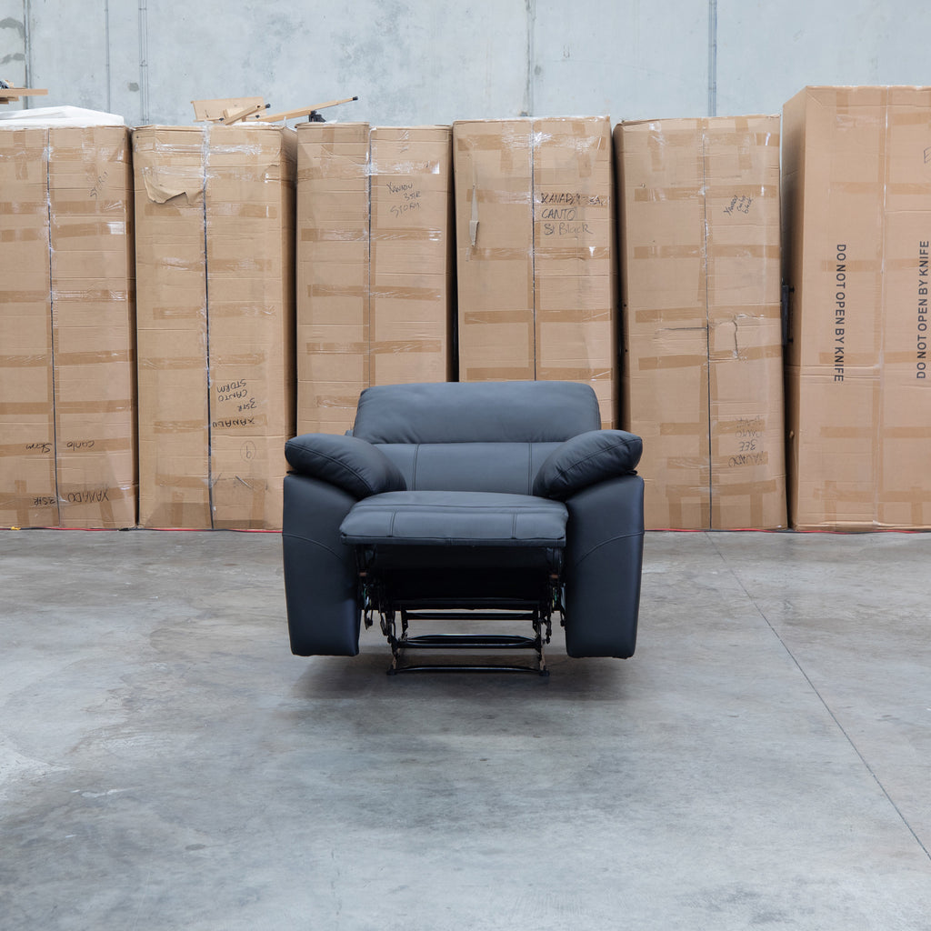The Bayview Single Electric Leather Recliner - Black available to purchase from Warehouse Furniture Clearance at our next sale event.