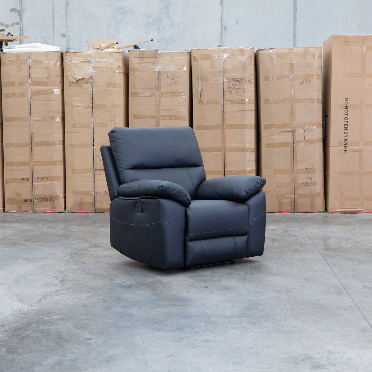 The Bayview Single Electric Leather Recliner - Black available to purchase from Warehouse Furniture Clearance at our next sale event.