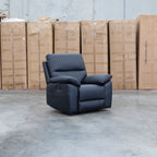 The Bayview Single Manual Leather Recliner - Black available to purchase from Warehouse Furniture Clearance at our next sale event.