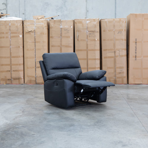 The Bayview Single Manual Leather Recliner - Black available to purchase from Warehouse Furniture Clearance at our next sale event.