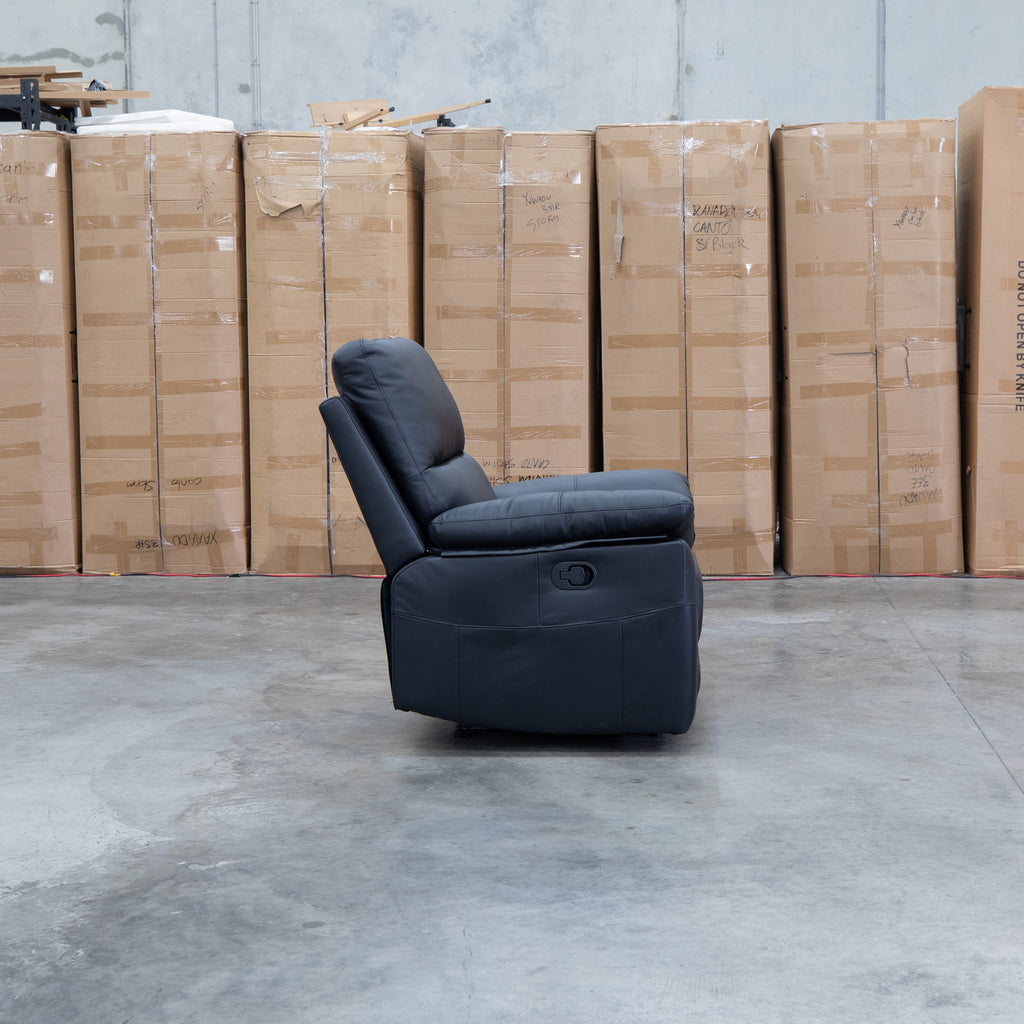 The Bayview Single Manual Leather Recliner - Black available to purchase from Warehouse Furniture Clearance at our next sale event.