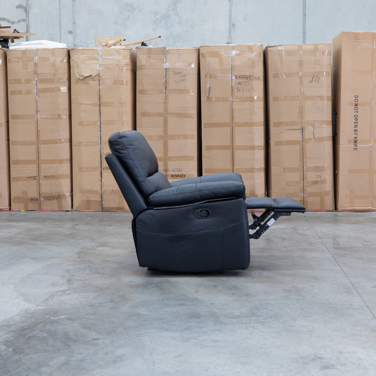 The Bayview Single Electric Leather Recliner - Black available to purchase from Warehouse Furniture Clearance at our next sale event.