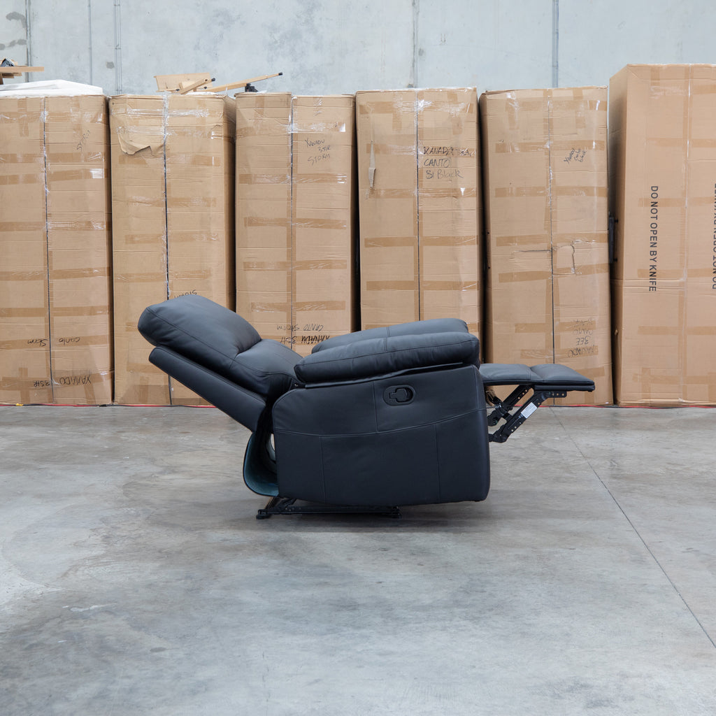 The Bayview Single Electric Leather Recliner - Black available to purchase from Warehouse Furniture Clearance at our next sale event.