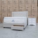 The Amie Queen Fabric Gas Lift & Storage Drawer Bed – Oat White available to purchase from Warehouse Furniture Clearance at our next sale event.