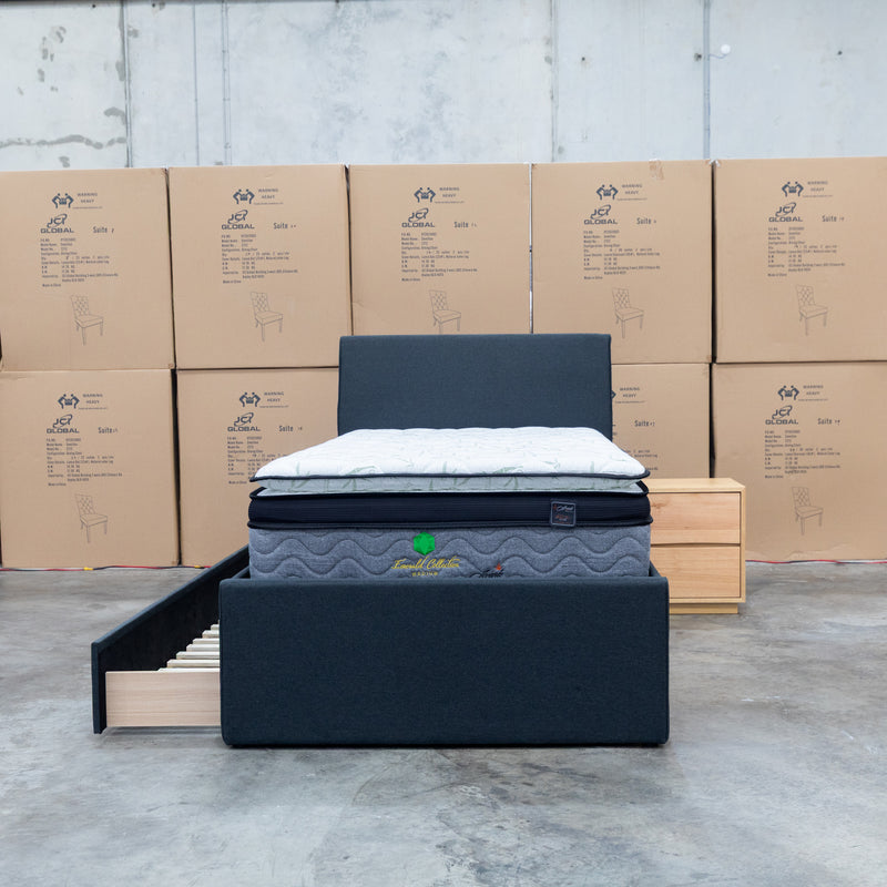 The York King Single Fabric Trundle Bed - Charcoal (Reversible Trundle)