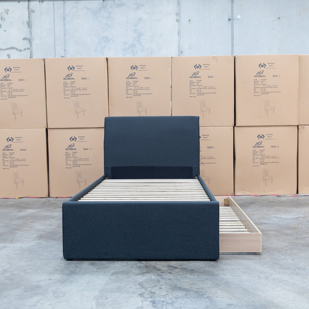 The York King Single Fabric Trundle Bed - Charcoal (Reversible Trundle) available to purchase from Warehouse Furniture Clearance at our next sale event.