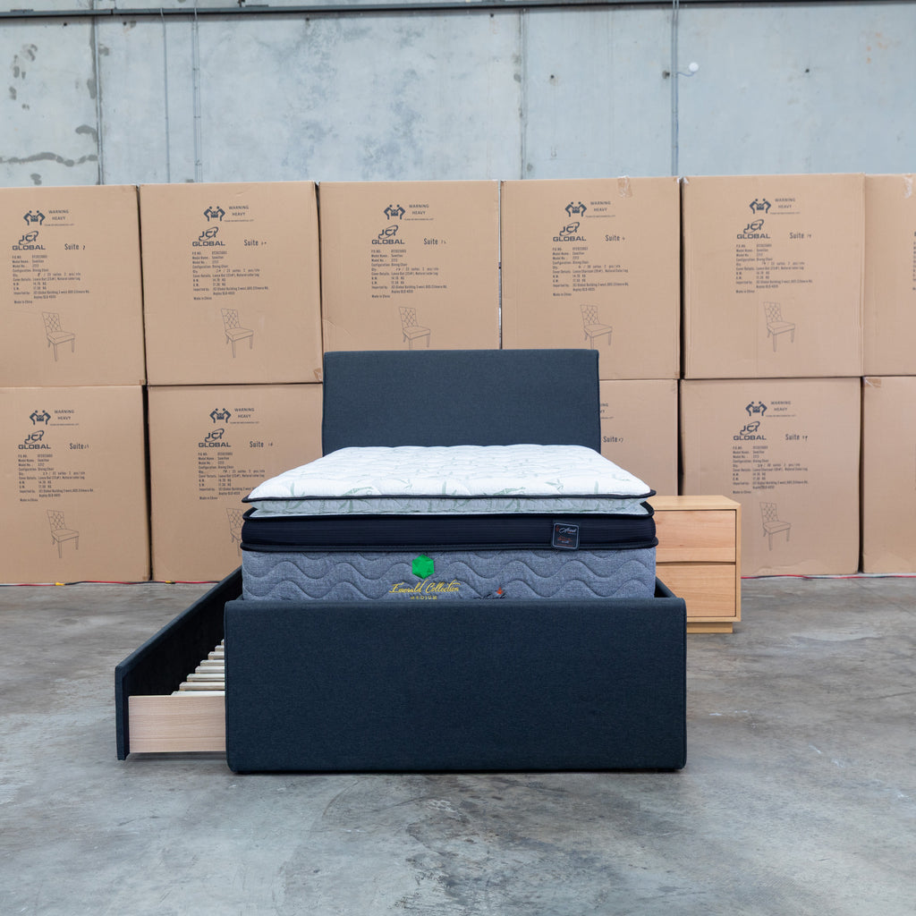 The York King Single Fabric Trundle Bed - Charcoal (Reversible Trundle) available to purchase from Warehouse Furniture Clearance at our next sale event.