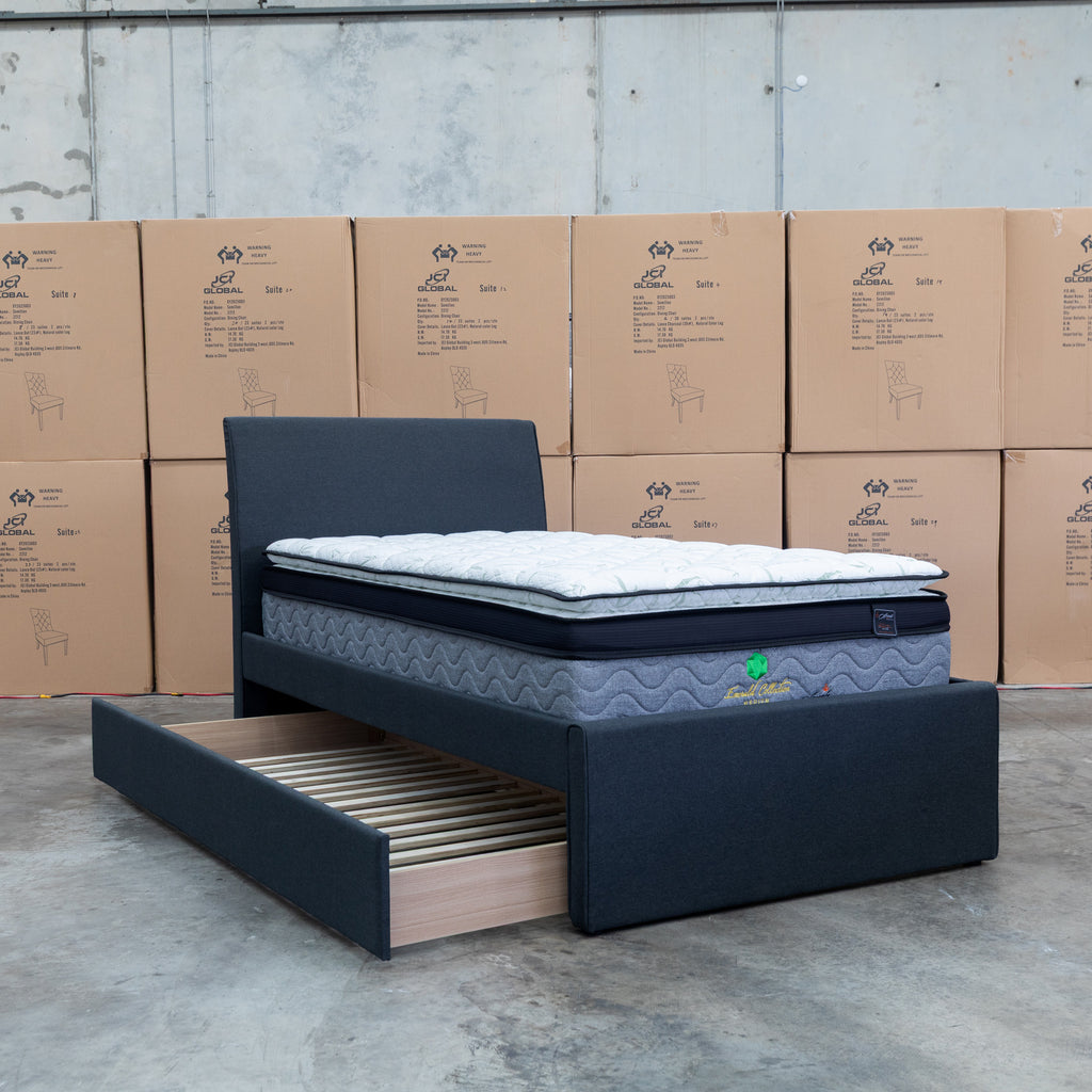 The York King Single Fabric Trundle Bed - Charcoal (Reversible Trundle) available to purchase from Warehouse Furniture Clearance at our next sale event.