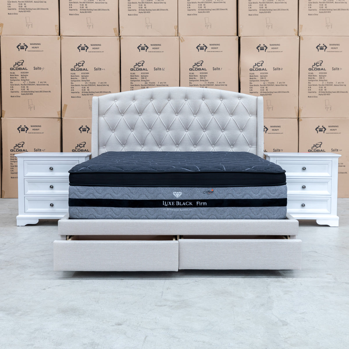 The Emily Double Fabric Storage Bed – Oat White available to purchase from Warehouse Furniture Clearance at our next sale event.