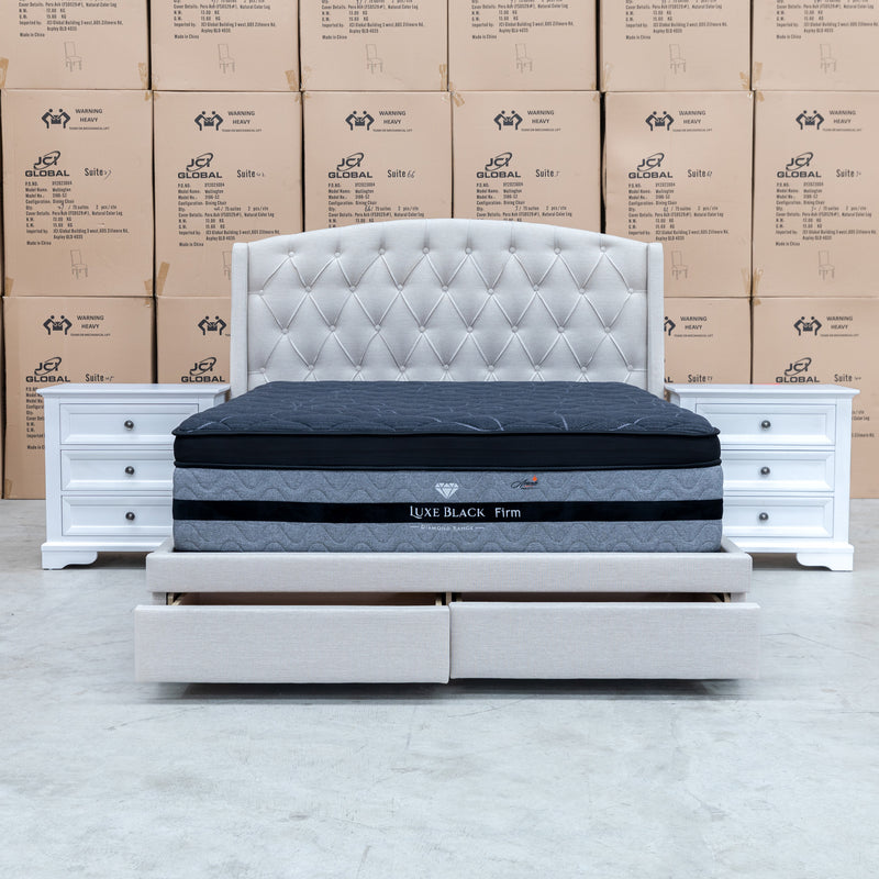 The Emily Queen Fabric Storage Bed – Oat White available to purchase from Warehouse Furniture Clearance at our next sale event.