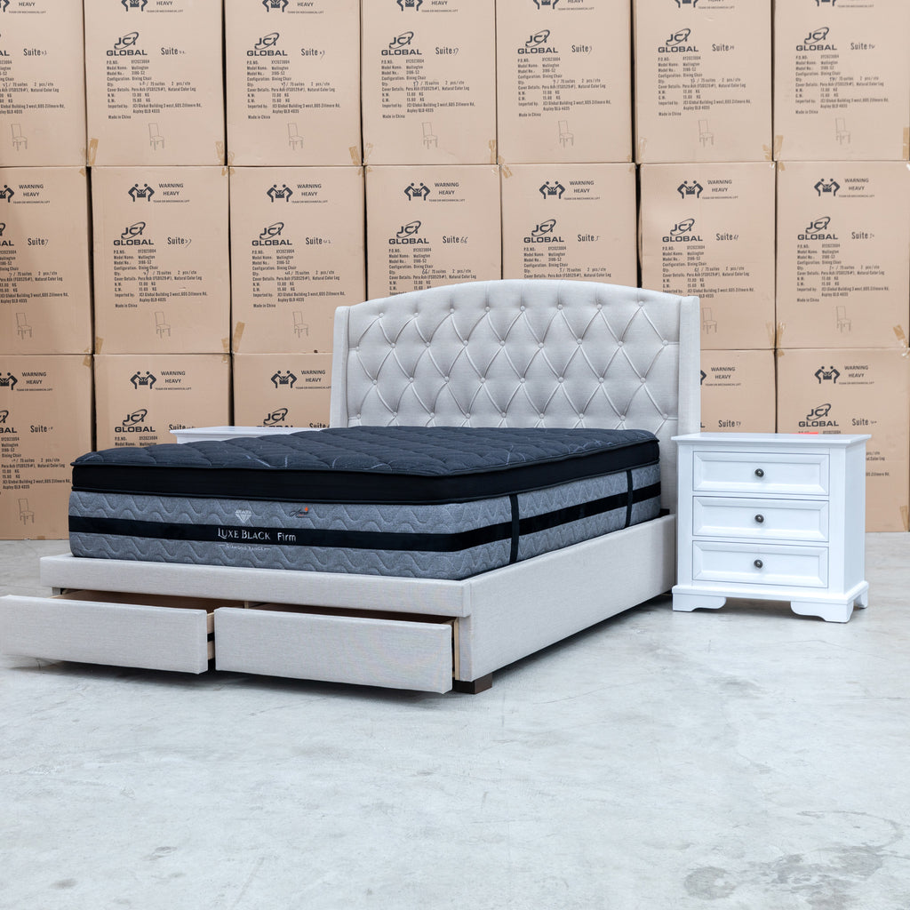 The Emily Double Fabric Storage Bed – Oat White available to purchase from Warehouse Furniture Clearance at our next sale event.