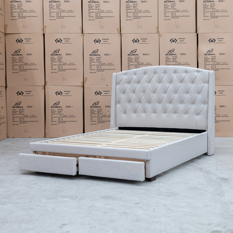 The Emily Queen Fabric Storage Bed – Oat White available to purchase from Warehouse Furniture Clearance at our next sale event.