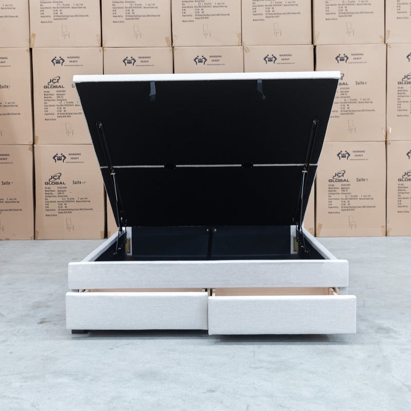The Hayman Gas Lift & Drawer Storage King Bed - Oat White available to purchase from Warehouse Furniture Clearance at our next sale event.