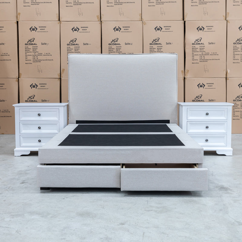 The Hayman Gas Lift & Drawer Storage Queen Bed - Oat White available to purchase from Warehouse Furniture Clearance at our next sale event.