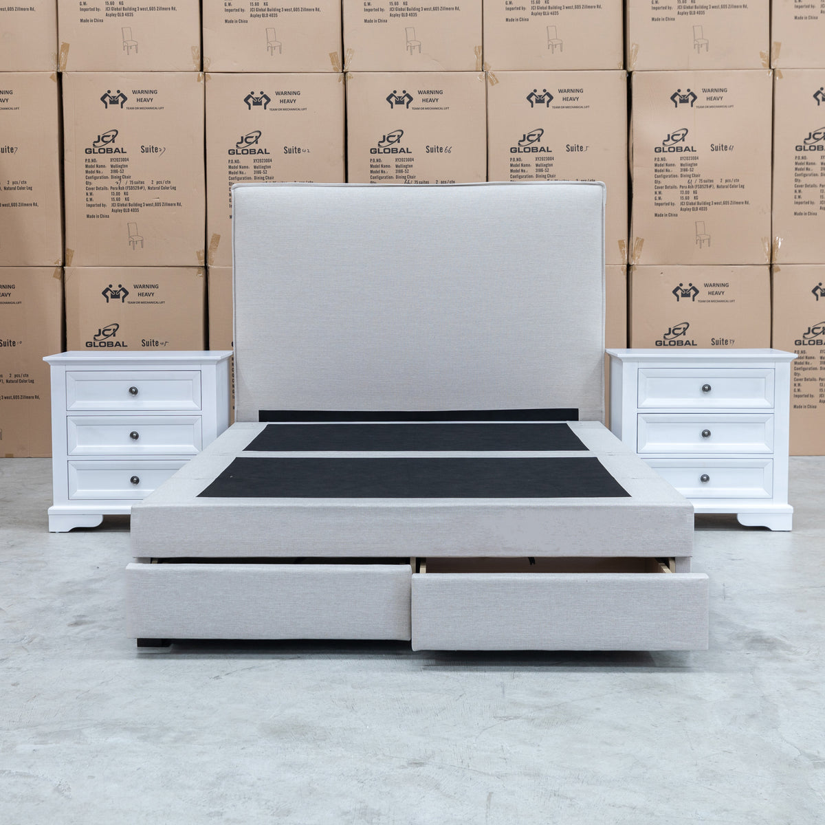 The Hayman Gas Lift & Drawer Storage King Bed - Oat White available to purchase from Warehouse Furniture Clearance at our next sale event.