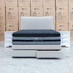 The Hayman Gas Lift & Drawer Storage Queen Bed - Oat White available to purchase from Warehouse Furniture Clearance at our next sale event.