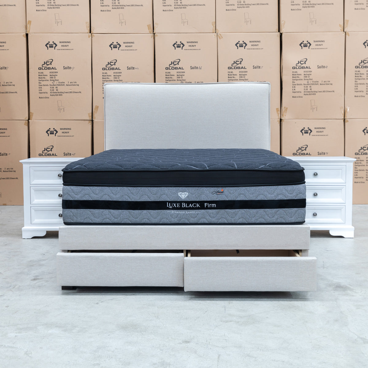 The Hayman Gas Lift & Drawer Storage Queen Bed - Oat White available to purchase from Warehouse Furniture Clearance at our next sale event.