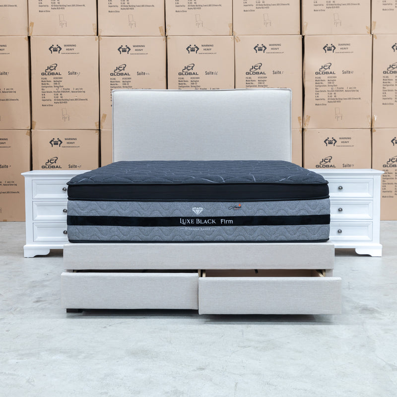 The Hayman Gas Lift & Drawer Storage King Bed - Oat White available to purchase from Warehouse Furniture Clearance at our next sale event.