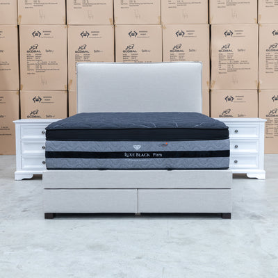 The Hayman Gas Lift & Drawer Storage Queen Bed - Oat White - Available After 13th October available to purchase from Warehouse Furniture Clearance at our next sale event.