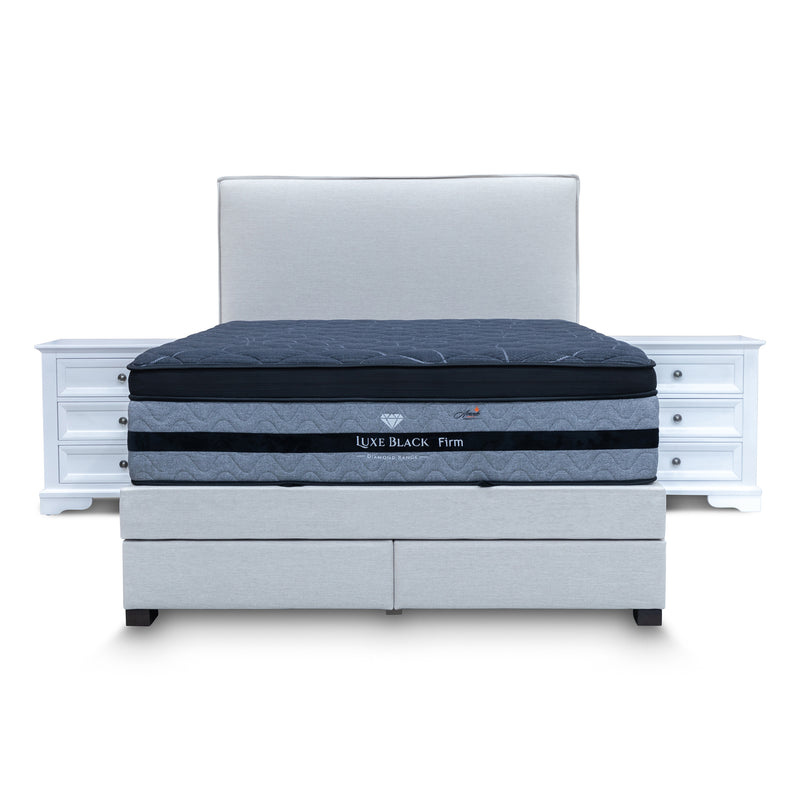 The Hayman Gas Lift & Drawer Storage Queen Bed - Oat White available to purchase from Warehouse Furniture Clearance at our next sale event.