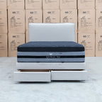 The Hayman Gas Lift & Drawer Storage Queen Bed - Oat White available to purchase from Warehouse Furniture Clearance at our next sale event.