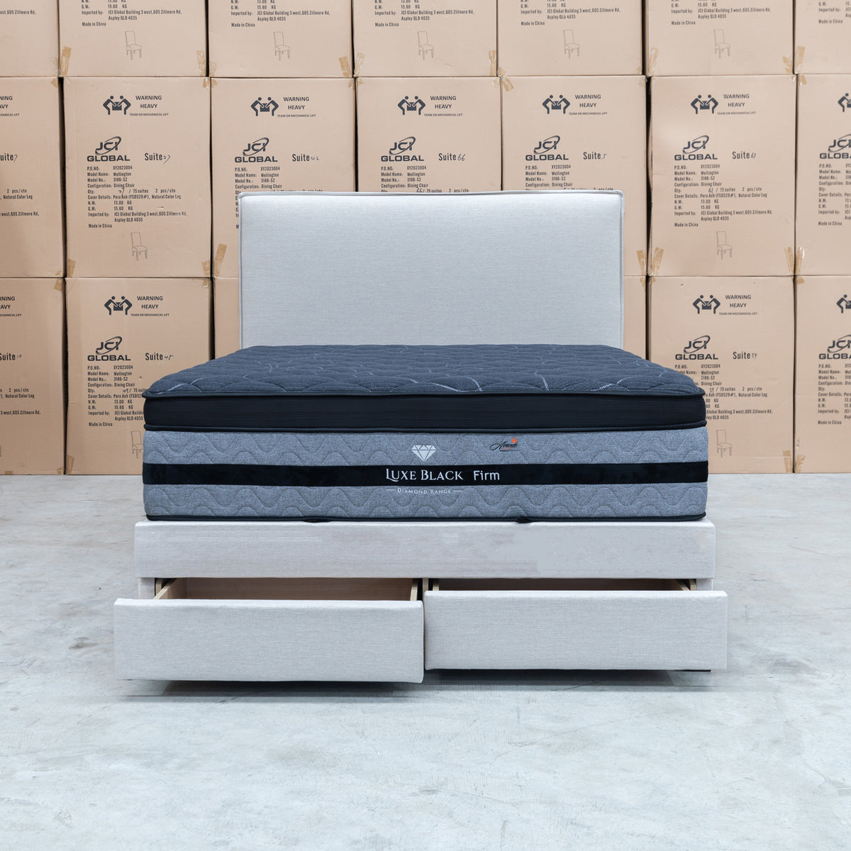 The Hayman Gas Lift & Drawer Storage Queen Bed - Oat White available to purchase from Warehouse Furniture Clearance at our next sale event.