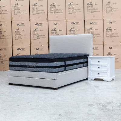 The Hayman Gas Lift & Drawer Storage Queen Bed - Oat White - Available After 13th October available to purchase from Warehouse Furniture Clearance at our next sale event.