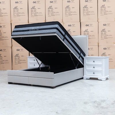 The Hayman Gas Lift & Drawer Storage Queen Bed - Oat White - Available After 13th October available to purchase from Warehouse Furniture Clearance at our next sale event.