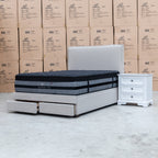 The Hayman Gas Lift & Drawer Storage Queen Bed - Oat White available to purchase from Warehouse Furniture Clearance at our next sale event.