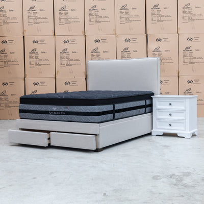 The Hayman Gas Lift & Drawer Storage Queen Bed - Oat White available to purchase from Warehouse Furniture Clearance at our next sale event.
