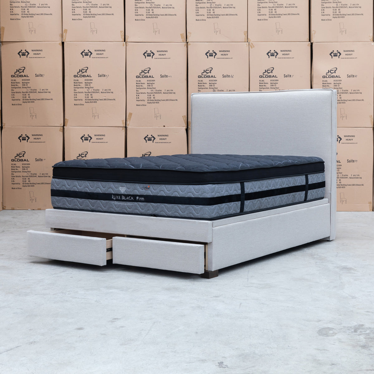 The Hayman Gas Lift & Drawer Storage Queen Bed - Oat White available to purchase from Warehouse Furniture Clearance at our next sale event.
