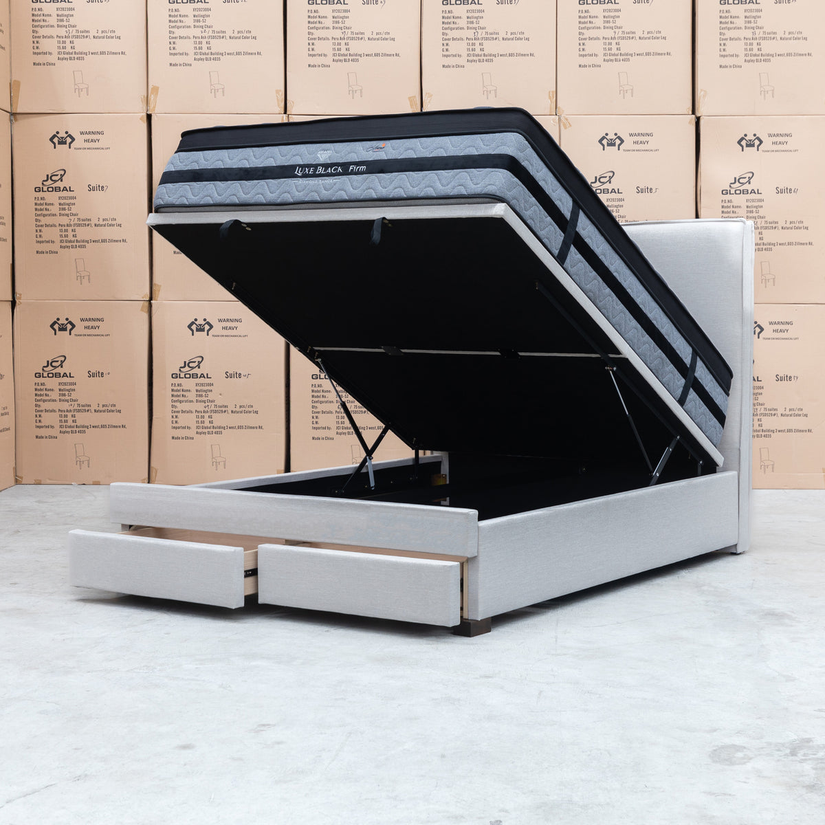 The Hayman Gas Lift & Drawer Storage Queen Bed - Oat White available to purchase from Warehouse Furniture Clearance at our next sale event.