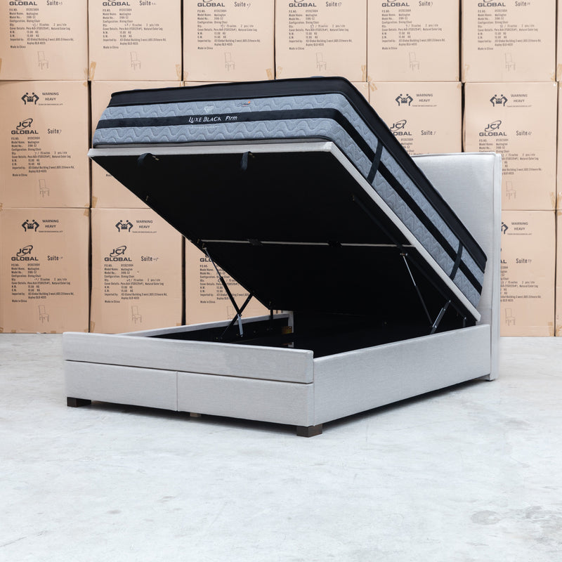 The Hayman Gas Lift & Drawer Storage King Bed - Oat White available to purchase from Warehouse Furniture Clearance at our next sale event.