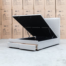 The Hayman Gas Lift & Drawer Storage King Bed - Oat White available to purchase from Warehouse Furniture Clearance at our next sale event.