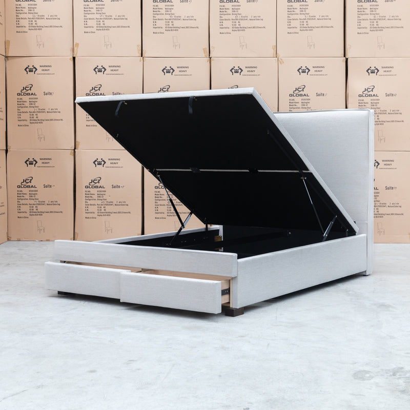 The Hayman Gas Lift & Drawer Storage King Bed - Oat White available to purchase from Warehouse Furniture Clearance at our next sale event.