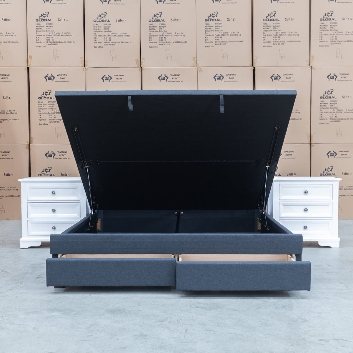The Hayman Gas Lift & Drawer Storage King Bed - Charcoal - Available After 8th May available to purchase from Warehouse Furniture Clearance at our next sale event.
