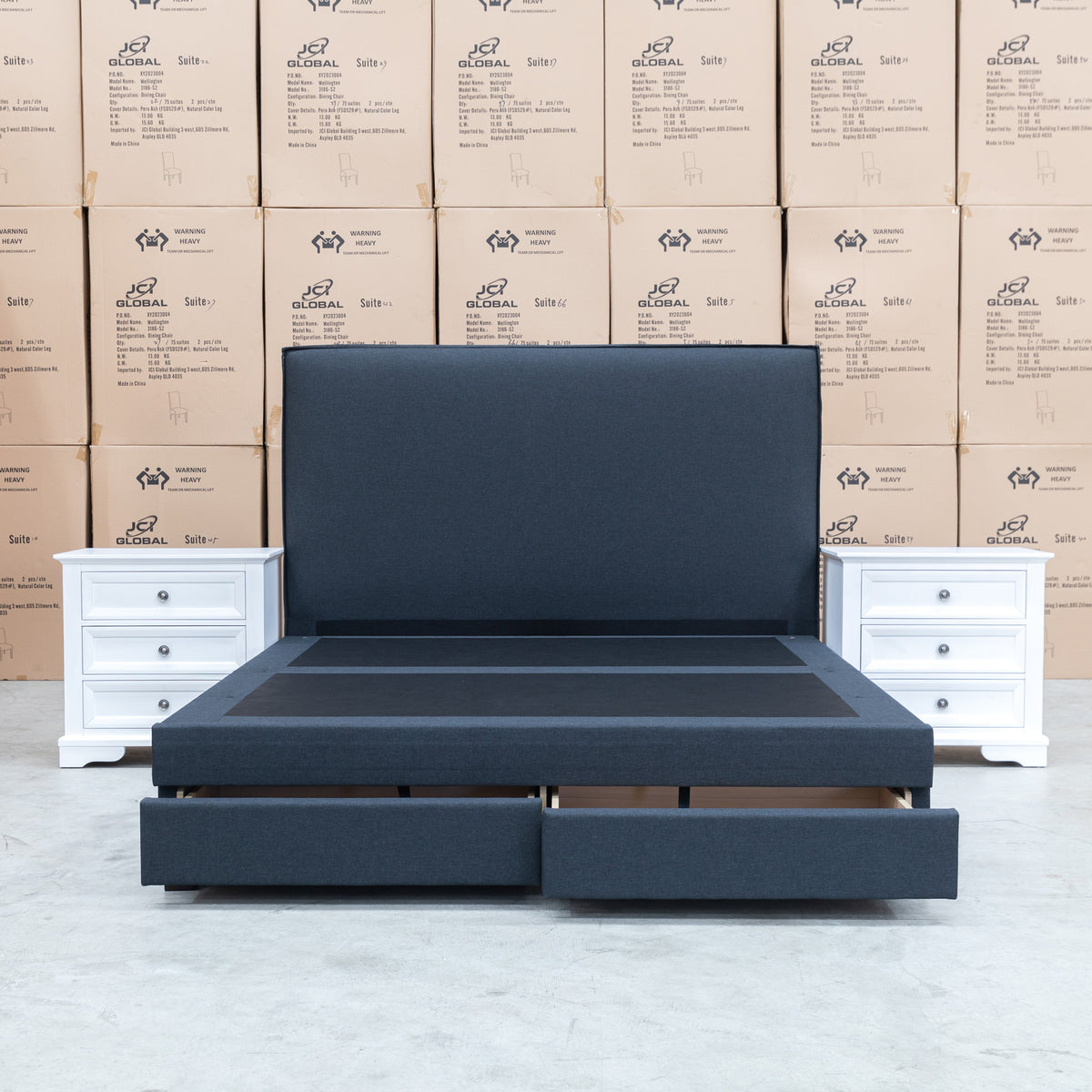 The Hayman Gas Lift & Drawer Storage Queen Bed - Charcoal available to purchase from Warehouse Furniture Clearance at our next sale event.